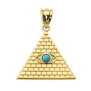 14K Solid Gold Pyramid Turquoise Evil Eye Pendant